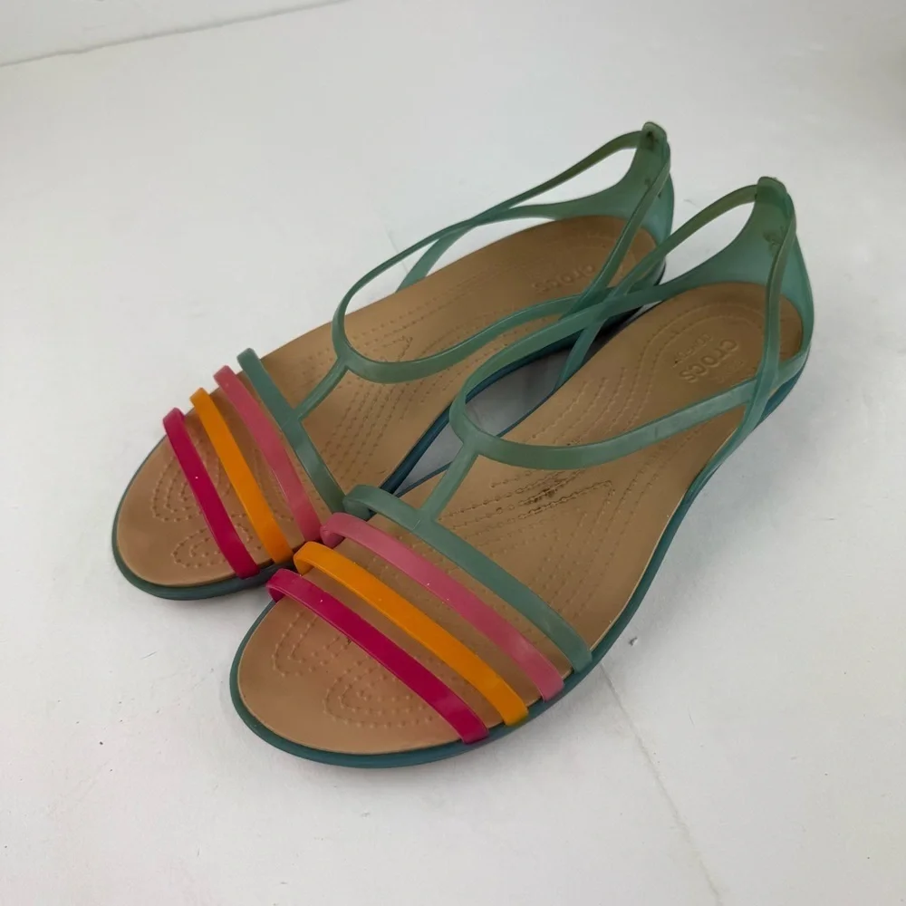 Crocs Womens 11 Isabella Flat Sandals Teal, Pink Orange
